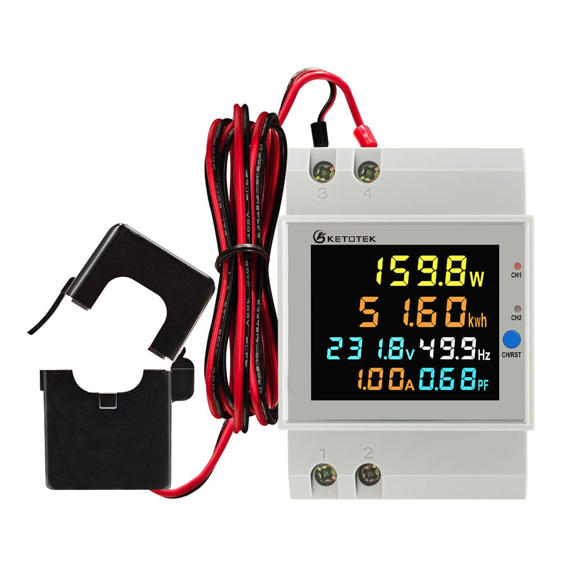 KETOTEK Power Meter Single Phase, 2 Channels, Energy Meter DIN Rail Electricity Usage Monitor with LCD, kWh Meter AC40-300V 100A, Ammeter Voltmeter with Split Core Current Transformer CT 2 Channels, Split Core CT
