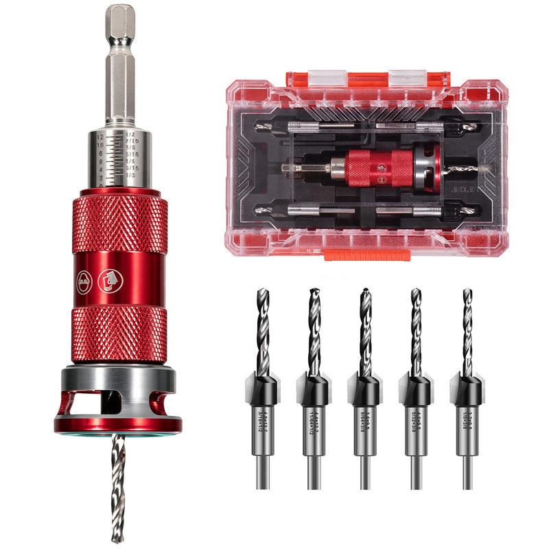 5 Pcs Countersink Drill Bit Set with Aluminum Alloy Depth Stop,Semi-Automatic HSS M2 Countersink Drill Bits 1/8 9/64" 5/32" Drill+3/8” 82° Counter-Bore,11/64" 3/16" Drill+ 1/2" 82° Counter Bore