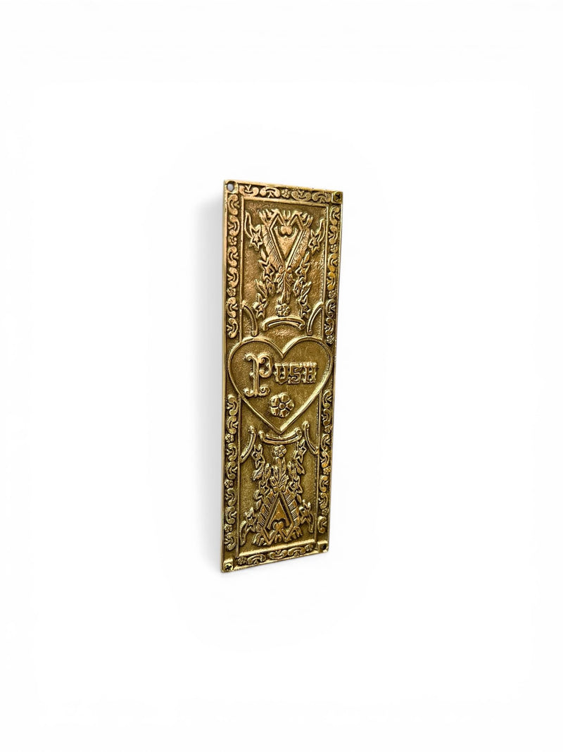 Decorative Brass Door Push Plate with Ornate Heart and Floral Engraved Design