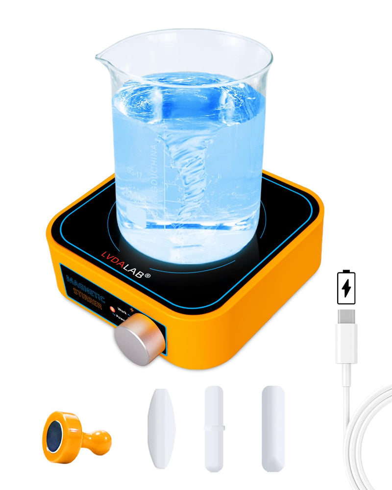 Rechargeable Magnetic Stirrer Cordless Stir Plate, Portable Lab Mixer for Low Viscosity Liquid w/Built-in Battery, 3000ml 3000RPM, No Heating, 3 Stir Bars & 1 Retriever Included - Yellow Portable (Rechargeable)