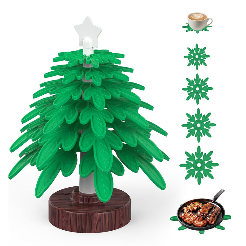 Christmas Silicone Tree Trivets with LED-6 Heat Resistant Pot Holders, Food Grade Silicone with Unfold Structure Pot Mat Non-Slip Suitable for Hot Pots, Pans, Dishes, Drinks (not Including Battery)