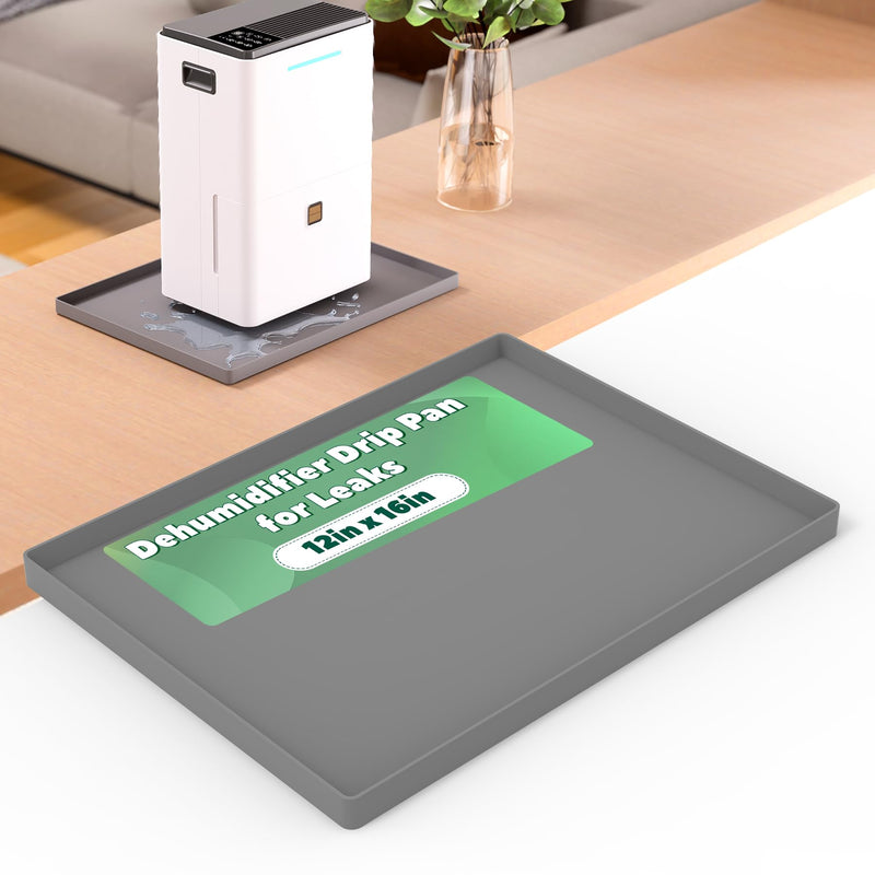 Dehumidifier Drip Pan, 16'' x 12'' Anti-Leakage Dehumidifier Mat, Non-Slip Drip Tray with Raised Edge for Dehumidifiers, Prevent Water Leakage,Protect Floor & Furnitures, Gray 16 x 12 inch