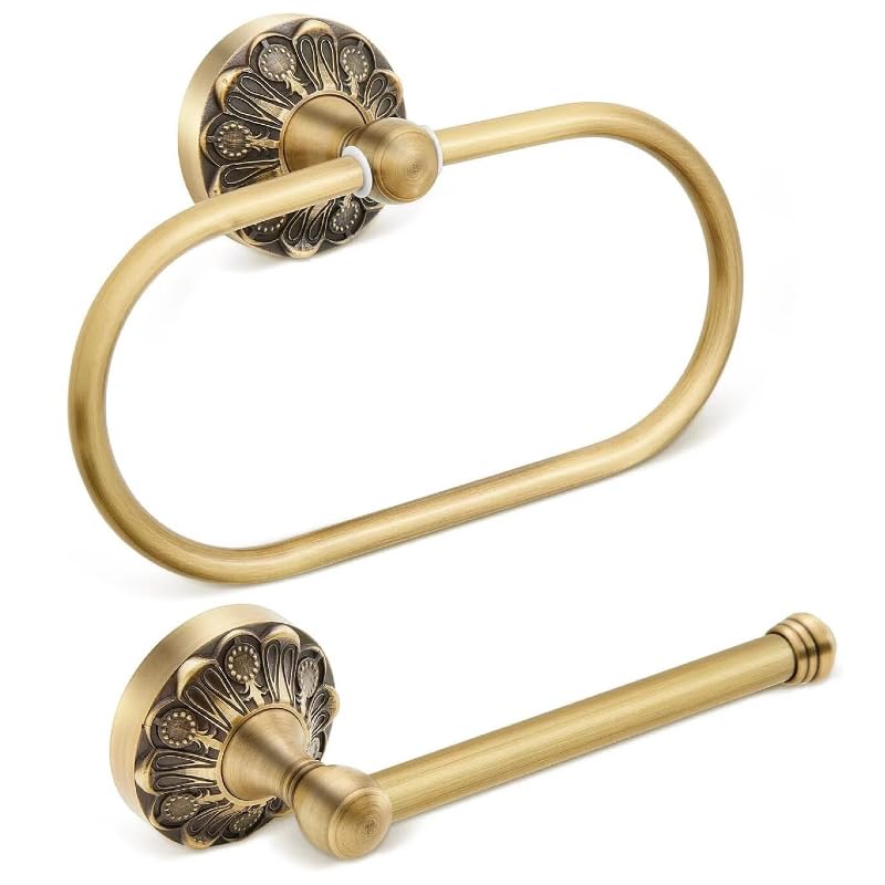 Antique Brass Bathroom Accessories, Solid Copper Towel Ring & Paper Holder, Vintage Wall Mount Hardware with Antique Bronze Finish (Single or Set) (Towel Ring + Paper Holder Set (2-Piece)) Towel Ring + Paper Holder Set (2-Piece))