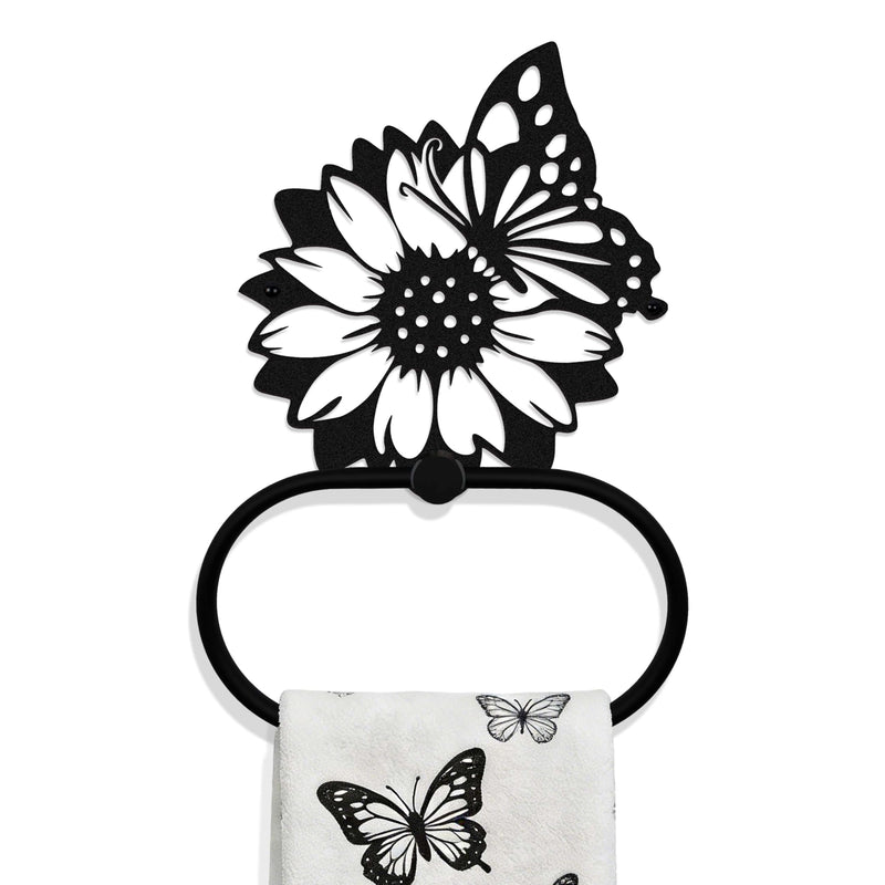 Black Metal Sunflower & Butterfly Wall Mounted Towel Ring, Floral Design Decor Accessories, Artistic Plant Towel Holder Decorative Gift for Kitchen Home Restroom Office Hotel Laundry Room