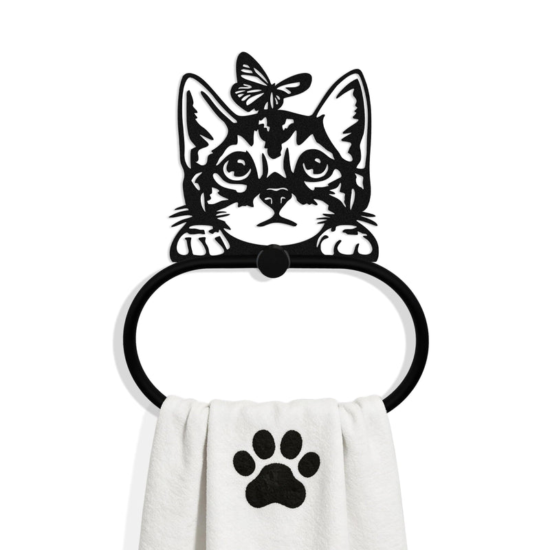 Black Metal Peeping Cat & Butterfly Wall Mounted Towel Ring, Funny Design Decor Accessories, Artistic Animal Towel Holder Decorative Gift for Cat Lovers, Home Kitchen Restroom Laundry Room