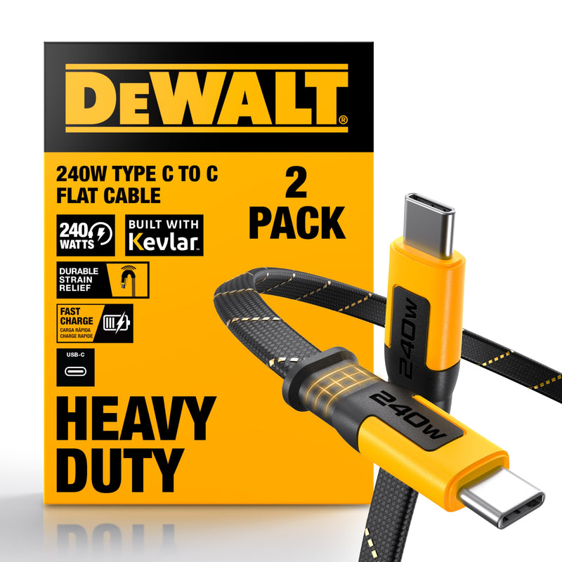 DEWALT Heavy Duty USB C to USB C Fast Charging Cables w/Kevlar, Flat 240W USBC to USBC Charge Cables, High Speed Type C Charging for iPhone 17 16 15 Series, Samsung Galaxy, MacBook, Pixel, 2-Pack 4FT Yellow&Black