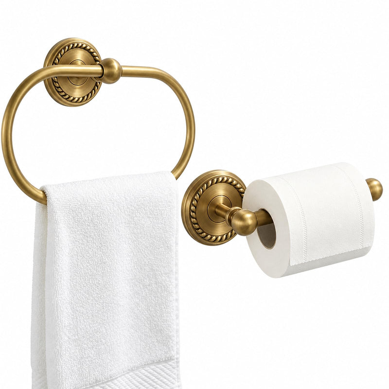 2-Piece Antique Brass Toilet Paper Holder & Towel Ring Set | Vintage Elegant Wall Mounted Retro Bathroom Hardware Tissue Roll Paper Hanger Bathroom Accessories