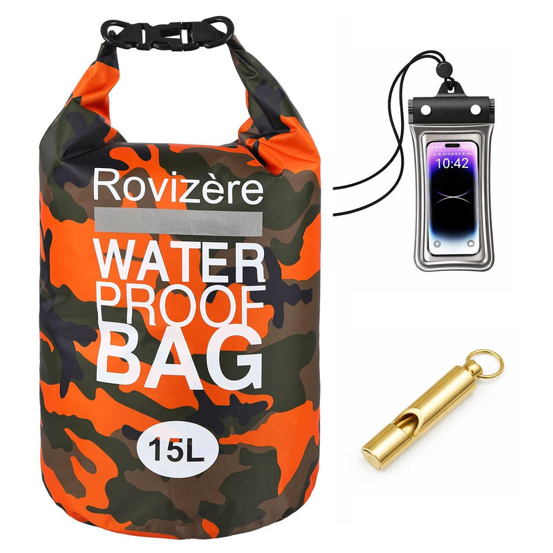 15L Waterproof Dry Bag, Camouflage Orange | Roll Top with Reflective Strip, Phone Pouch & Emergency Whistle, Backpack with Shoulder Strap, Lightweight Heavy Duty 15L