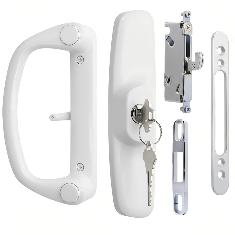 Universal Aluminum Sliding Glass Door Handle, Fits Offset & Centered 3-15/16" Hole Spacing, 1-1/2" to 2" Thick Patio Doors, Inline Replacement with Mortise Lock, Non-Handed, White with Keyed Lock with Keyed