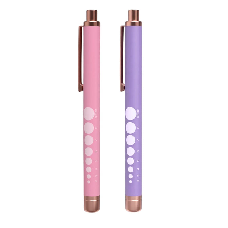 2PCS Professional Pen Light with Pupil Gauge and Ruler-Bright White LED Medical Penlight for Nurses, Doctors, EMTs-Compact, Portable, Without Battry (Pink&Purple) Pink&Purple