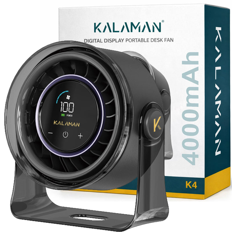 KALAMAN Desk Fan, 4000mAh Quiet Table Fan with Turbo Airflow, 6-Gear Speed Digital Display & 30° Adjustable Tilt, Rechargeable Battery Portable Fan for Home, Office, Travel (Black K4) Black K4