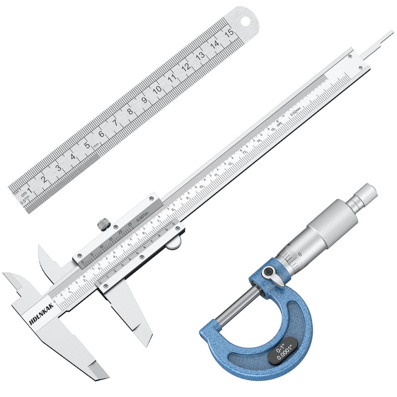 HDLNKAK Vernier Caliper 0.001", Outside Micrometer 0.001" and Stainless Steel Ruler, 0-6 Inch/0-150 mm High Precision Caliper, 0-1" Alloy Precision Micrometer Mechanical Toolkit Set.