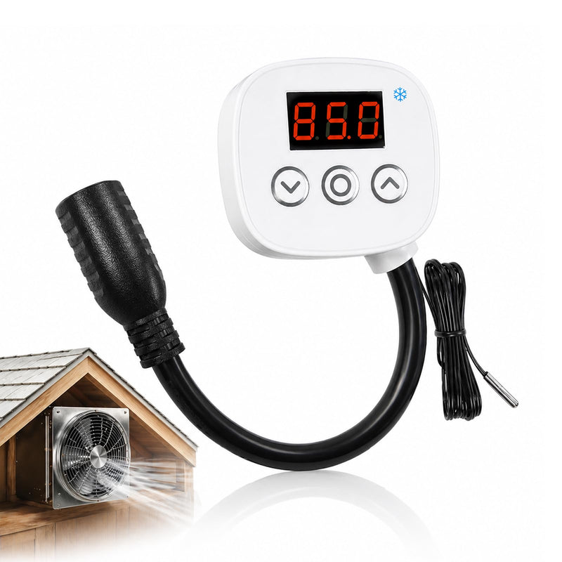 Digital Cooling Thermostat Outlet, 120V Plug-in Temperature Controller for Attic Fan and Exhaust Fan, Precise Temperature Control, 0–10H Timer, Forced Cooling