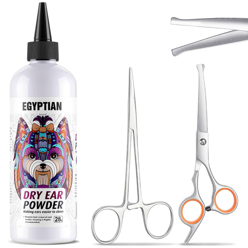 Dog Ear Hair Removal Tool Kit - Ear Powder, Safety Round Tip Scissors & Hemostat, Helps Reduce Wax & Odor, Grooming Kit for Schnauzers, Poodles & Breeds with Ear Hair, Calms Itchy Ears