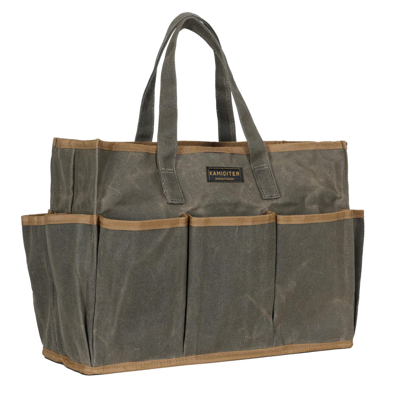 Waxed Canvas Tool Bag Tote, 14 Inch Heavy Duty Tool Organizer with 10 External Pockets & 1 Large Compartment, Army Green