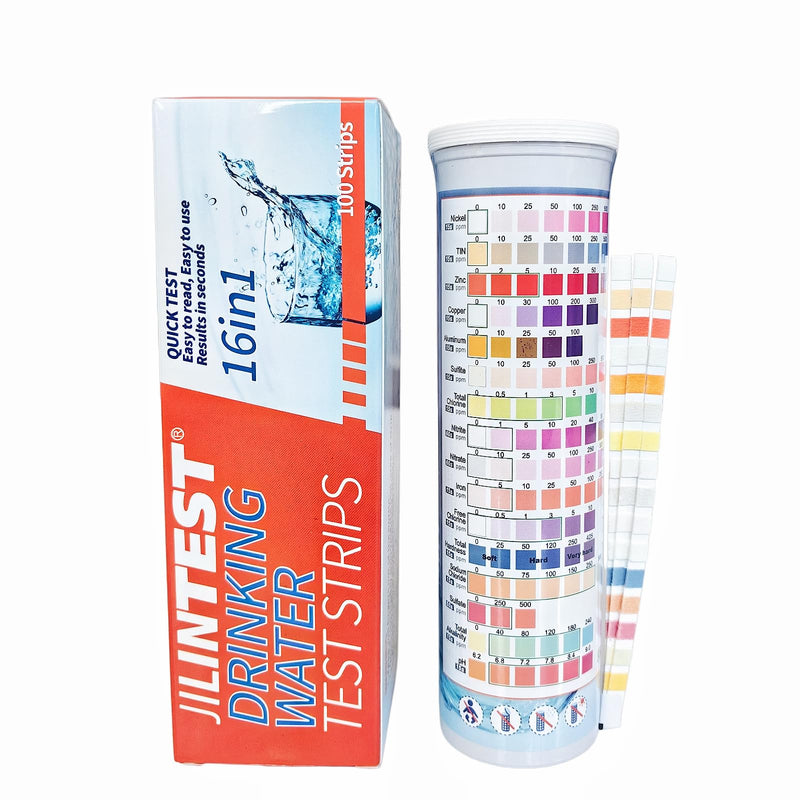 16 in 1 Drinking Water Test Kit - 100 Water Test Strips, Detects 16 Indicators Including Iron, Copper, Nickel, Zinc, Cobalt，PH - for Well Water, Tap Water, Drinking Water Testing