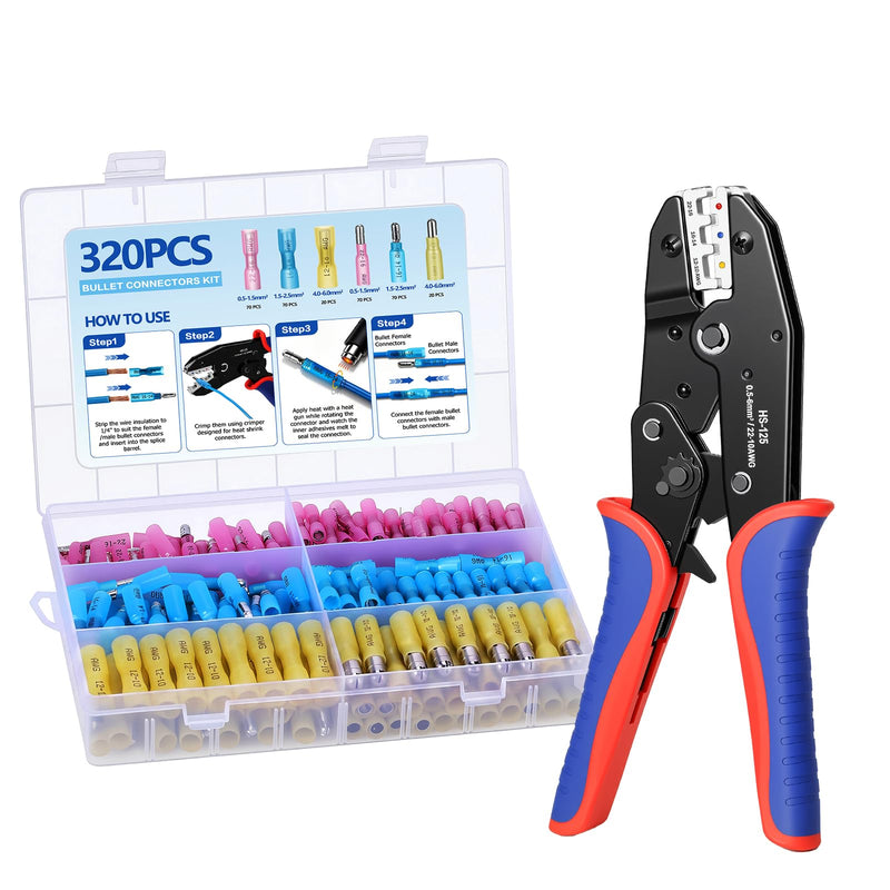 320PCS Heat Shrink Bullet Connectors with Ratcheting Wire Crimper, Male and Female Bullet Wire Connectors, Insulated Waterproof Marine Grade Electrical Connectors for Automotive Boat for Wiring 320PCS Bullet Connectors with Crimper