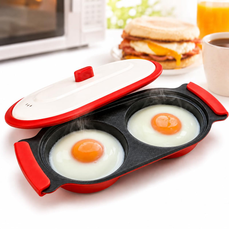 Microwave Egg Cooker & Poacher, 2-Egg Microwave Frying Pan with Vented Lid, PTFE Nonstick Metal Heat Plate, Food-Grade Silicone Handles, Compact Egg Maker for Breakfast Sandwiches, Dorm, RV for 2 eggs