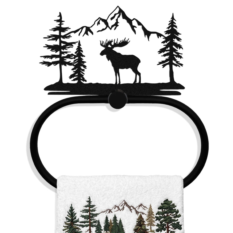 Moose Bathroom Decor - Mountain Hand Towel Ring for Cabin and Lodge Decor, Matte Black Metal Woodland Towel Hanger for Kitchen or Bathroom, Log Cabin Style Home Decor Gift Moose