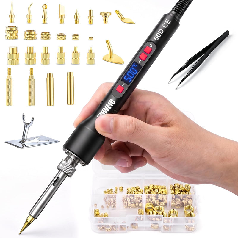 Heat Set Insert Tool, 60w Digital Soldering Iron and 130pcs Brass Inserts, M2 M3 M4 M5 M6 M8 Threaded Knurled Nuts, 9 Repair Tips, Threaded Insert Set for Plastic Parts, 3D Printer