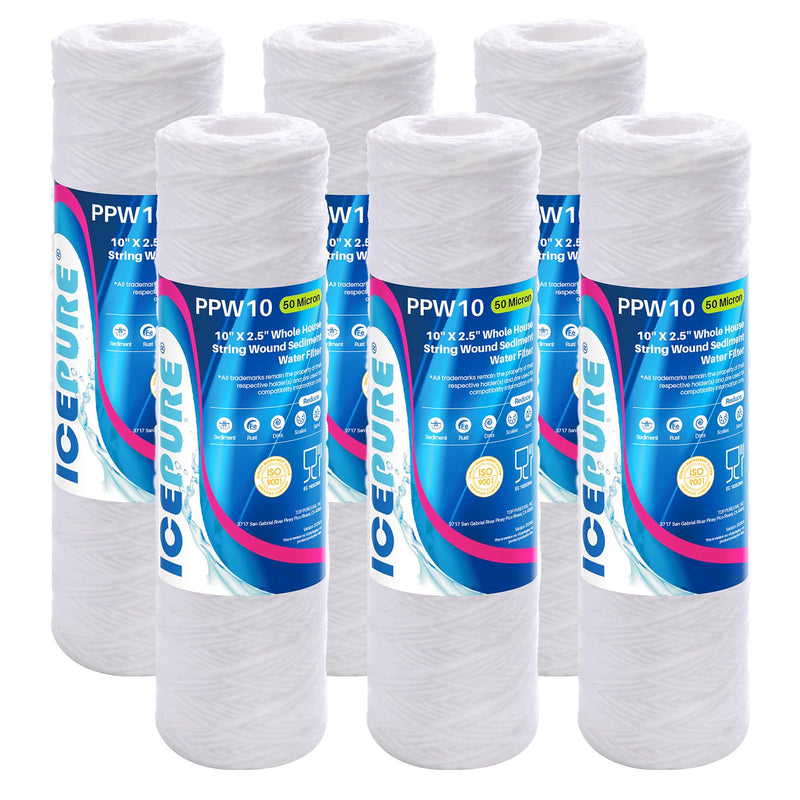 ICEPURE 50 Micron 10" x 2.5" String Wound Sediment Water Filter Cartridge for Well filter Universal Replacement for Any 10 inch RO Unit, WP-5, Aqua-Pure AP110 CFS110 Culligan P5 WFPFC4002 CW-MF, 6PACK 50 Micron (Heavy-Duty) 6 Count (Pack of 1)