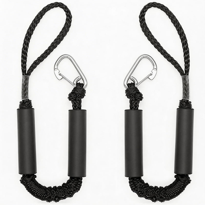 2FT Black Bungee Dock Lines for Boats, 2 Pc Heavy Duty Shock Absorbing Boat Dock Lines with 316 Stainless Steel Clips, Marine Grade Elastic Mooring Rope for Jet Ski, PWC, Kayak, Small Boat Accessories