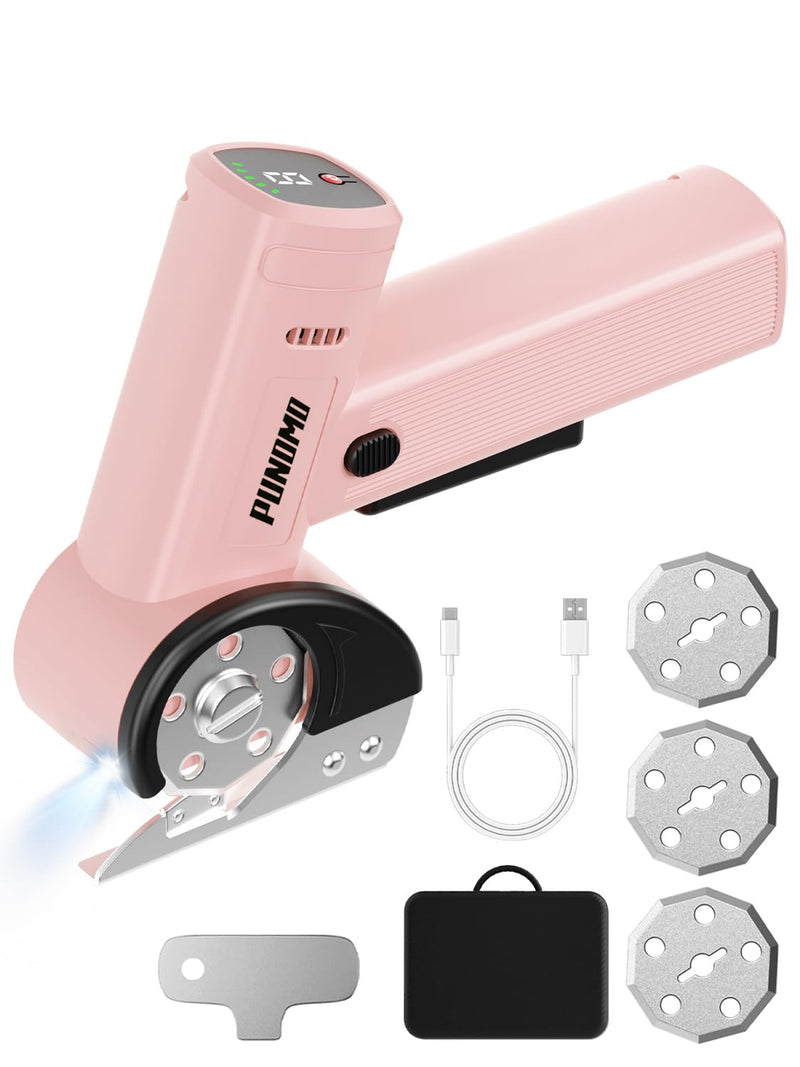 Rechargeable Cordless Electric Scissors Led Display: Electric Cardboard Box Cutter with 3 Safety Blades & Storage Pouch 5-Speed Settings - Cuts Cardboard, Leather, Fabric, and Plastic Pink