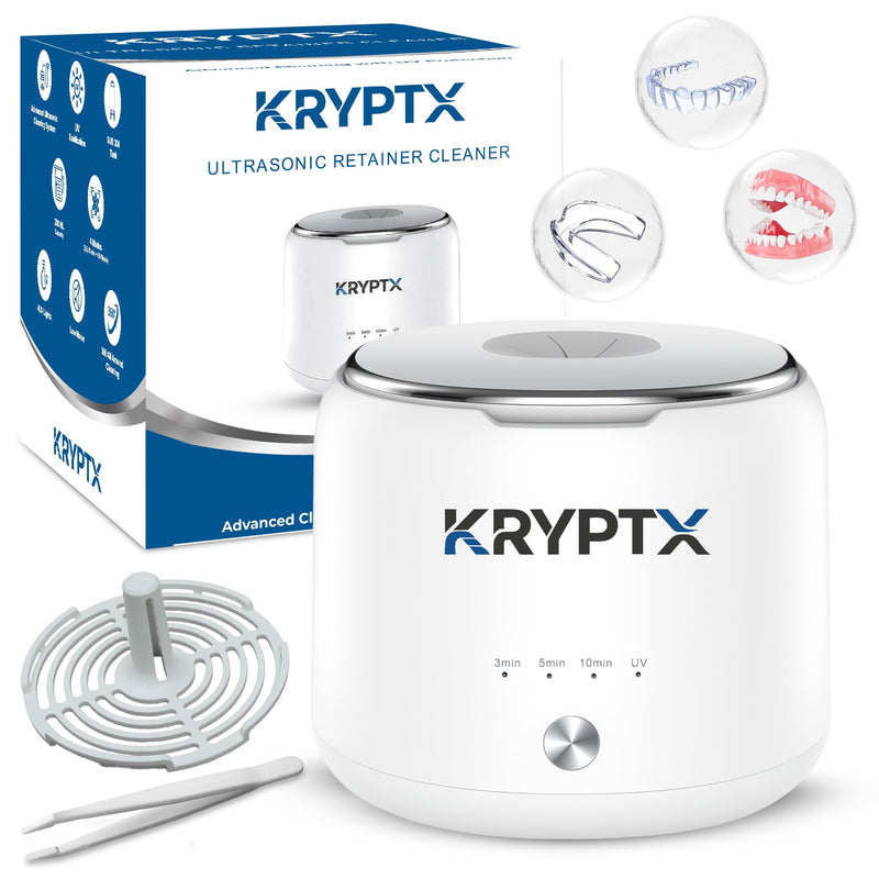 KRYPTX Ultrasonic Retainer Cleaner Machine - 45kHz with 200ML Tank, 4 UV-A+C Lights & 4 Modes - Dental Cleaning Pod Ultrasonic Cleaner for Retainers, Aligners, Mouth Guards, Toothbrush -White | Dedicated Toothbrush Slot, Type-C Charger, Low Noise White