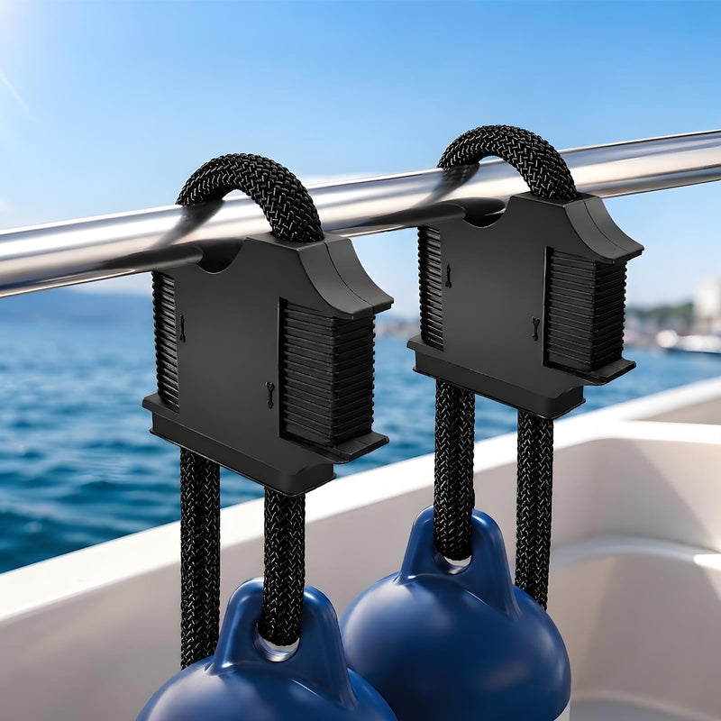 2 Pack Boat Fender Hanger with Quick Release, Boat Fender Adjuster for Rail and Cleat, Easy Height Adjustment Boat Bumper Hanger Clips, Heavy Duty Fender Line Holder for Docking Accessories Black