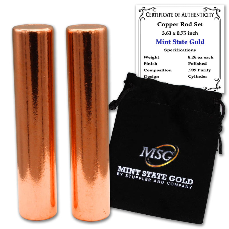 Premium Copper Round Rod Set - 2 pc. (3.63" x 0.75") 99.9% Pure Paperweight | With Velvet Pouch & Certificate of Authenticity 3.63" x 0.75"