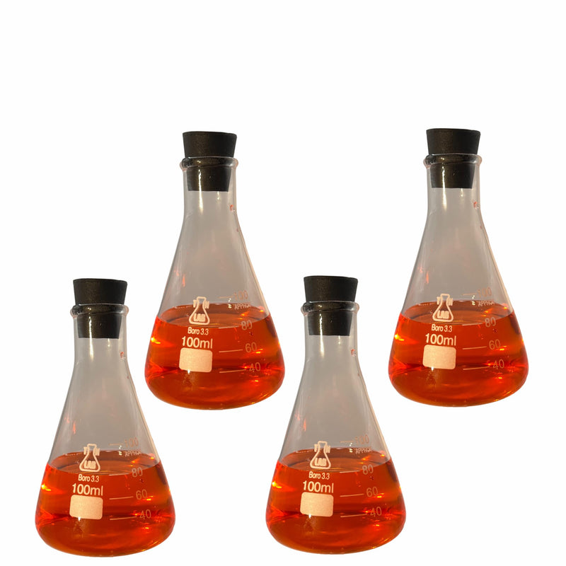 TN LAB 100ml Erlenmeyer Conical Borosilicate Glass Flask with Rubber Stopper 4-Pack