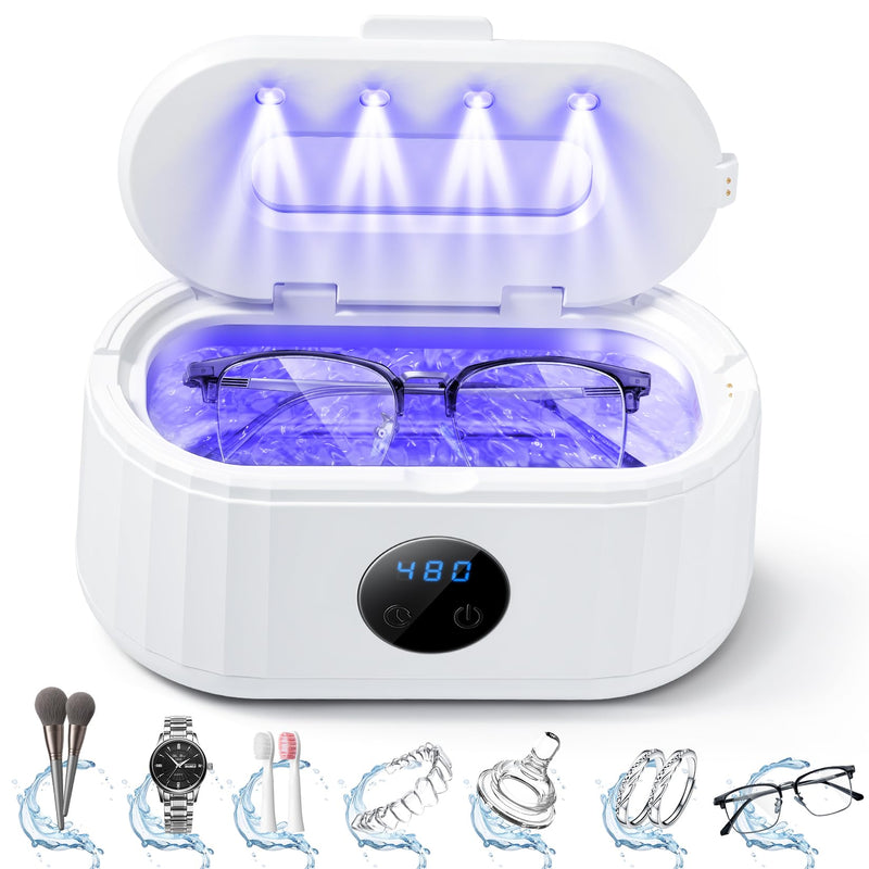 Ultrasonic Jewelry Cleaner,49Khz Ultrasonic Cleaner Machine with Blue Light | Ultrasonic Jewelry Cleaner For Dentures,Retainers, Eyeglasses, Watch,Braces,Rings, Jewelry, 5 Cleaning Modes and LED Display White