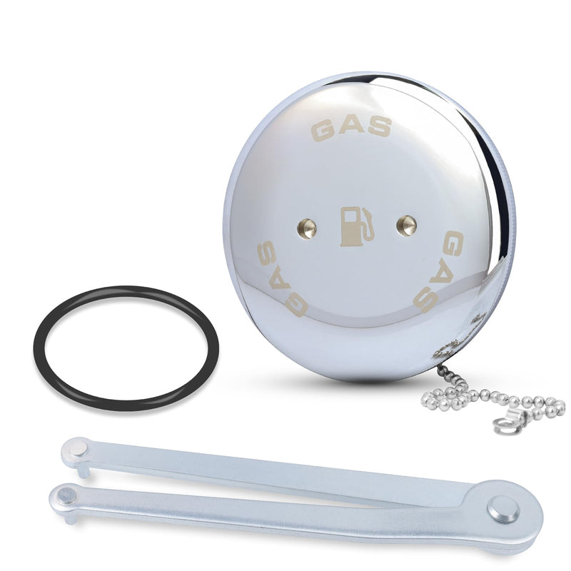 0540DPG99A Boat Gas Cap, Marine Fuel Cap for Perko 1-1/2" Angled Neck Vented Fuel Fills, Chrome Plated Bronze with Chain, O-Ring & Wrench