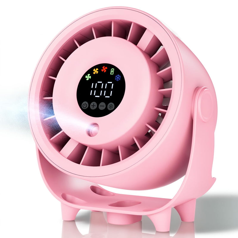 Desk Fan, Turbo Table Fan for Bedroom, Desktop Fans with Mist Spray, 100-Speed Digital Display, Low Noise, 120° Rotating, Rechargeable Battery, Wall-Mounted Design for Home, Office, Travel, Pink