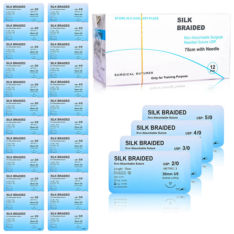 Sutures Practice Thread with Needle - 24 Mixed (2/0, 3/0, 4/0, 5/0) Suture Kit, Silk Braided Suturing Practicing for Students Training Only Silk 24 Mixed(2/0, 3/0, 4/0, 5/0)