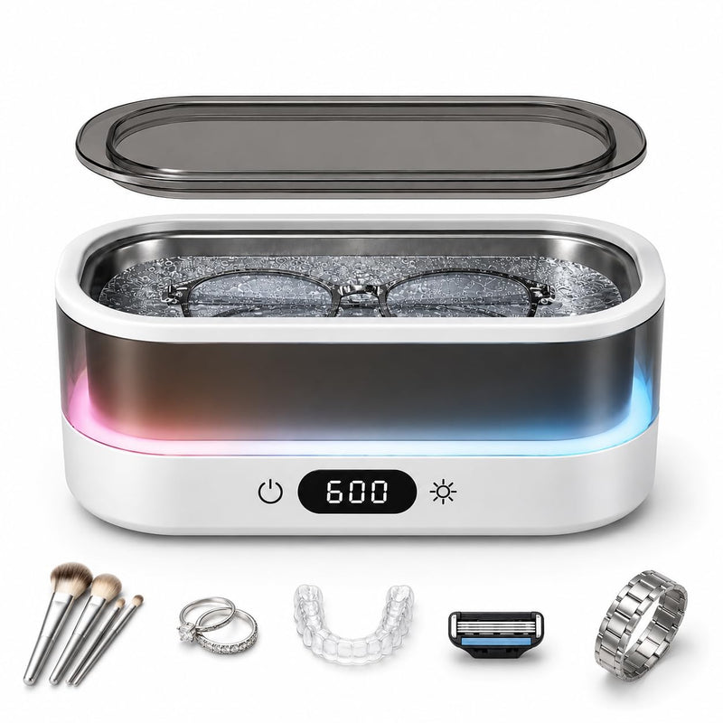 Ultrasonic Cleaner for Jewelry, Glasses & Retainers, 48kHz Sonic Cleaning Machine with 7-Color LED Ambient Light, Digital Timer, Quiet Deep Cleaner for Rings, Dentures & Watches（White） White