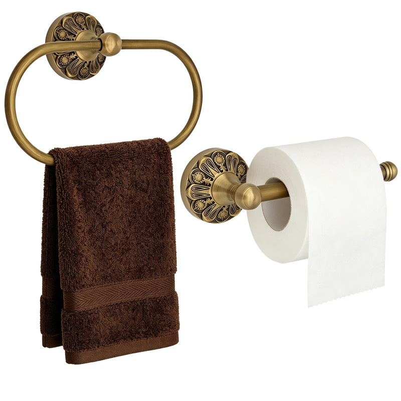 Antique Brass Toilet Paper Holder & Hand Towel Ring Set | Wall Mounted Oval Towel Ring with 180° Swivel & Concealed Screws, 2 Piece Rustproof Vintage Gold Brushed Bathroom Hardware