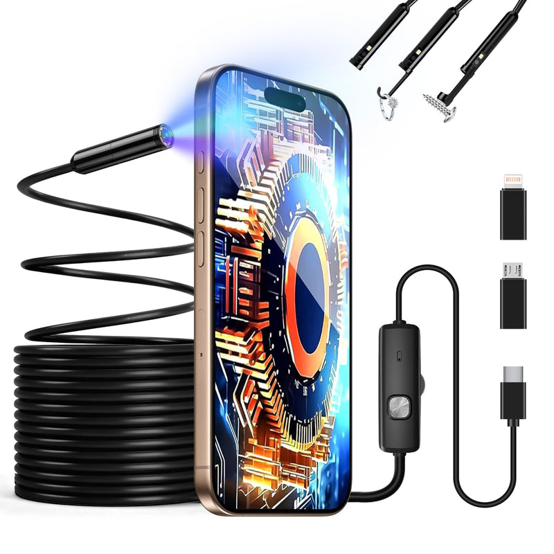 Endoscope Camera with Light, 1920P HD Borescope with 8 Adjustable LED Lights, Snake Camera with Semi-Rigid Cord, IP67 Waterproof Scope Tools for Pipe Inspection for iOS and Android,16.4ft Single Lens