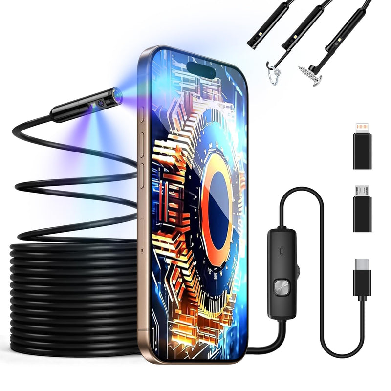 Endoscope Camera with Light, 1920P HD Borescope Pipe Inspection Camera with 8 LED Lights, Waterproof 16.4FT Semi-Rigid Snake Camera, Industrial Bore Scope for iPhone Android Phone Dual Lens