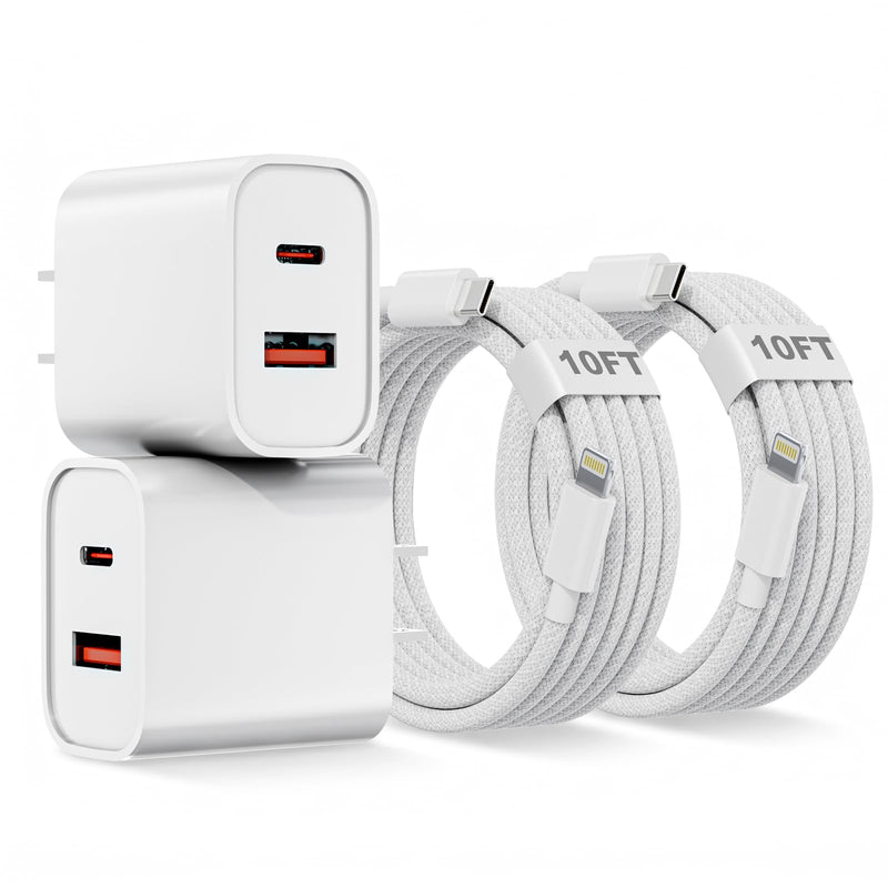 10FT iPhone Lightning Cable[Apple MFi Certified]2Pack 20W Apple Lightning Charger Dual Port USBA+C Charge Block with 10FT iPhone Fast Charging Woven Cable Cord for iPhone14/13/12/11/XS/XR/X/8/7/SE2022