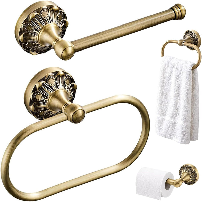 Antique Brass Toilet Paper Holder with Hand Towel Ring Set, 2PCS Wall Mounted Vintage Bathroom Hardware, Retro Tissue Roll Holder and 180° Rotating Towel Bar for Bathroom Kitchen (Rectangle)