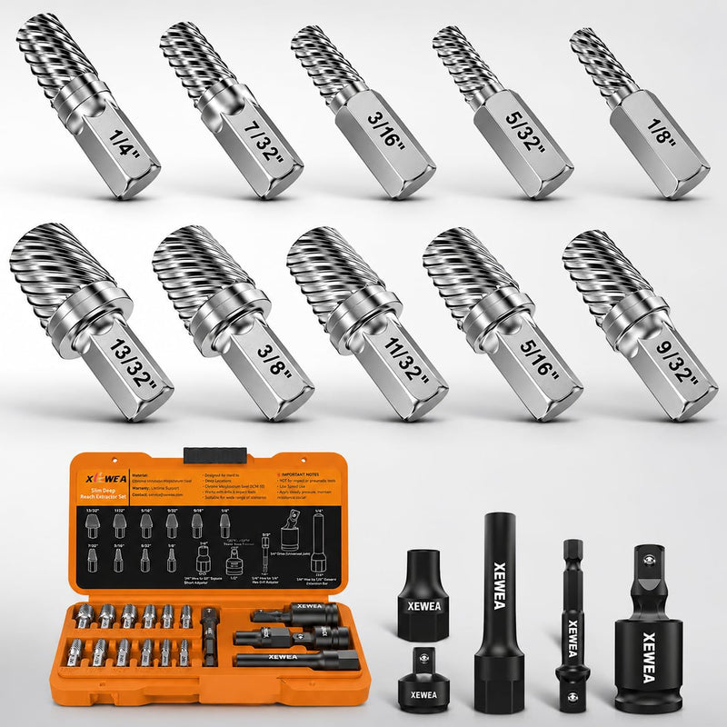 XEWEA 15PCS Bolt Screw Extractor Set, Upgrade Long Slim CR-MO Multi Spline Easy Out remover Tool Kit, 1/4" Hex Reach Design for Tight & Deep Spaces, Removes Stripped, Broken, Rusted, Rounded Studs