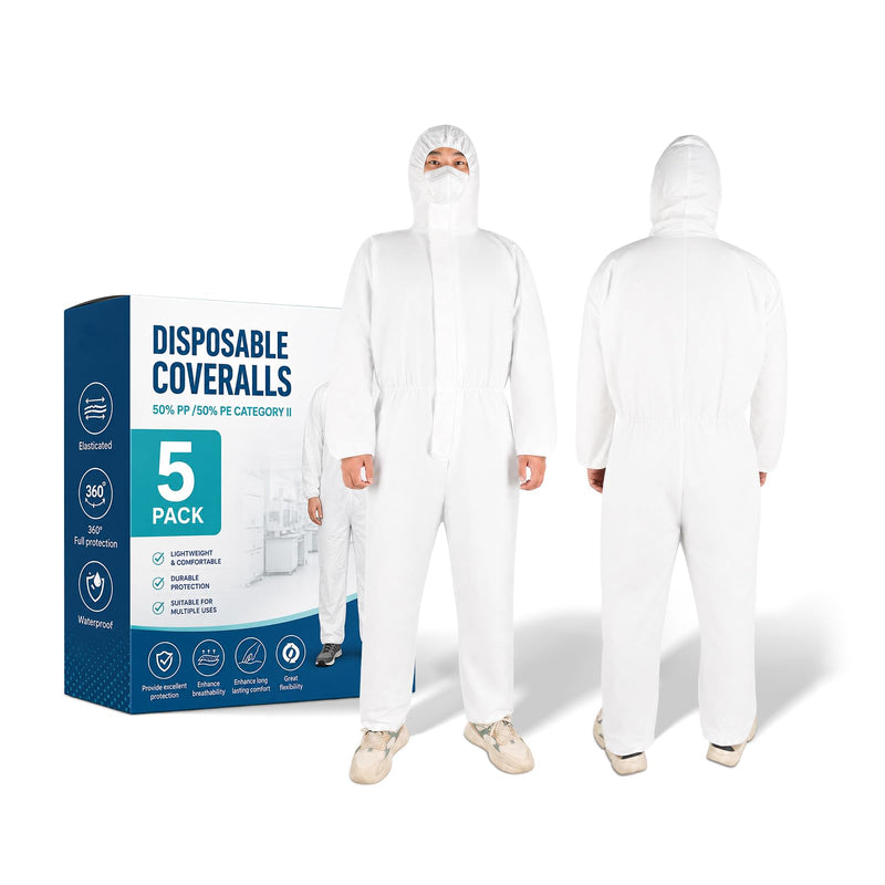 5 Pack Hazmat Paint Suits,Disposable Protective Coveralls for Men Large