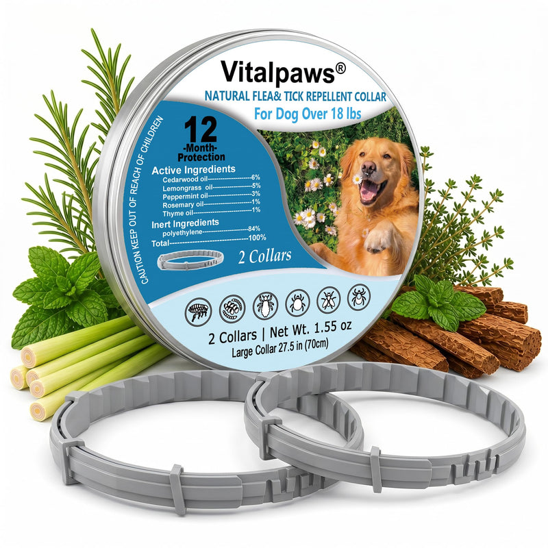 Flea and Tick Collar for Dogs 2 Pack - 12 Month Natural Flea and Tick Prevention for Dogs, Waterproof Dog Flea & Tick Control with Continuous Release, Adjustable Large Dog Collar