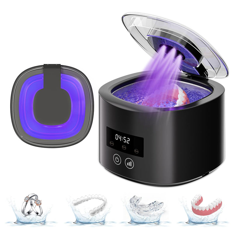 45KHz UV Ultrasonic Retainer Cleaner for Dentures Dental Aligners | 280ml tank, UV light, 3/5/10min modes and LED display for retainers, dentures, aligners, mouth guards and small jewelry