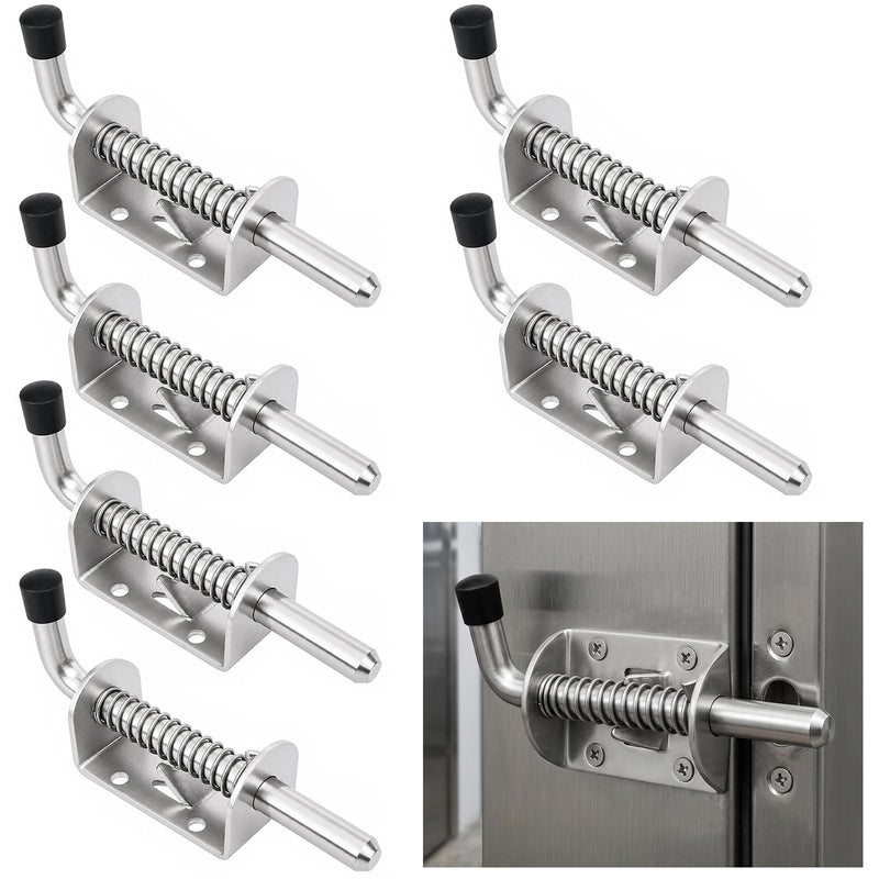 6 Pcs Barrel Bolt Latch Pin, 5 Inch Spring Loaded Latch Pin, 304 Stainless Steel Trailer Gate Spring Latch, Heavy Duty Spring Locking Barrel Bolt for Door Cabinet Chest Trailer Gate, Silver