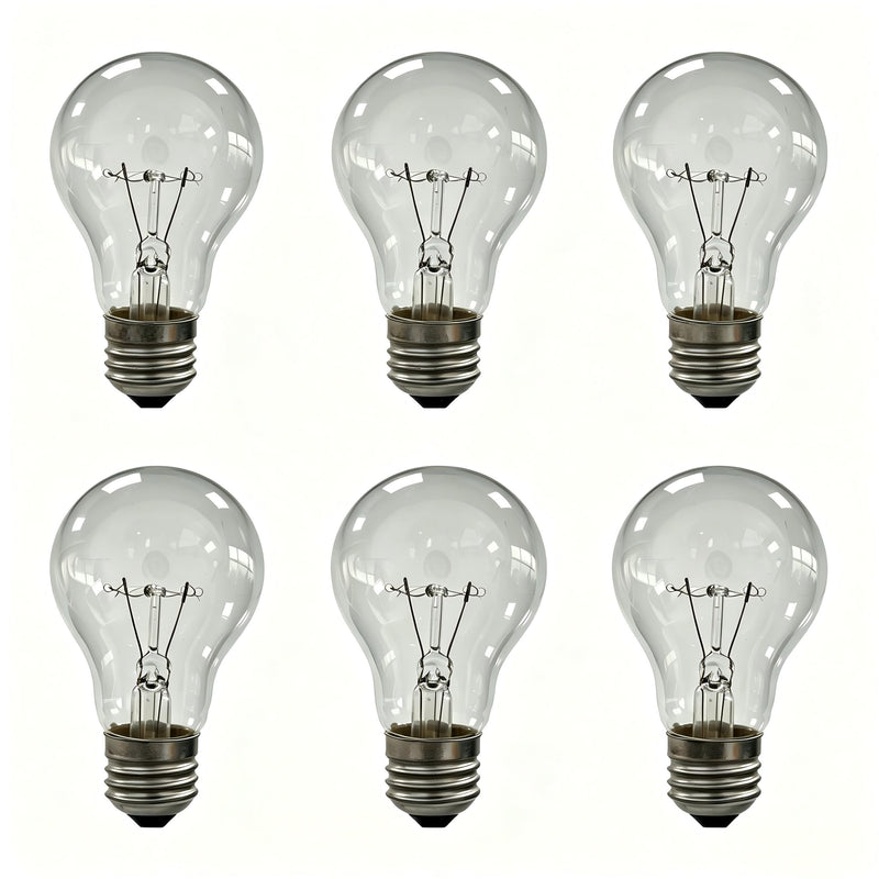 100W A19 Incandescent Light Bulbs E26 Rough Service Clear 6 Pack | Heavy duty filament for ceiling fans & garage openers. 2700K warm white, clear glass, flicker-free dimmable