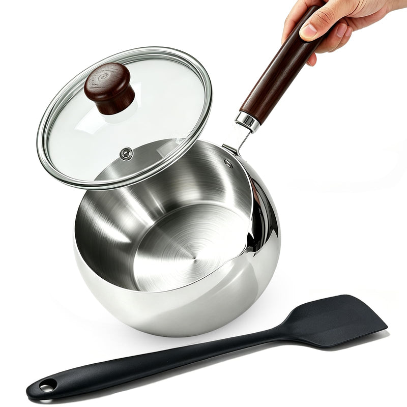 40oz Stainless Steel Milk Butter Warmer Pot with Glass Lid, Saucepan with Pour Spout, Milk Pot with Silicone scraper for Melting Butter, Warming Sauces, Heating Milk 1.2 Quarts-with Lid
