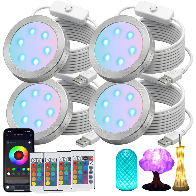 Smart LED Lamp Kit 001 for Bambu Lab 3D Printing,IR & APP Control RGB DIY LED Light Kit,3D Print Model Lights Base, Timer & Group Control, Multi Color USB 5V Lamp Light Kit for 3D Printed (4 Pack) Smart Lamp with IR 4