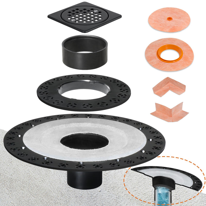 Shower Drain Kit 2 Inch Integrated Shower Flange Kit | Compatible with Schluter Systems Kerdi Drain, ABS Shower Drain Base Flange, 304 Stainless Steel, 4'' Drain Grate